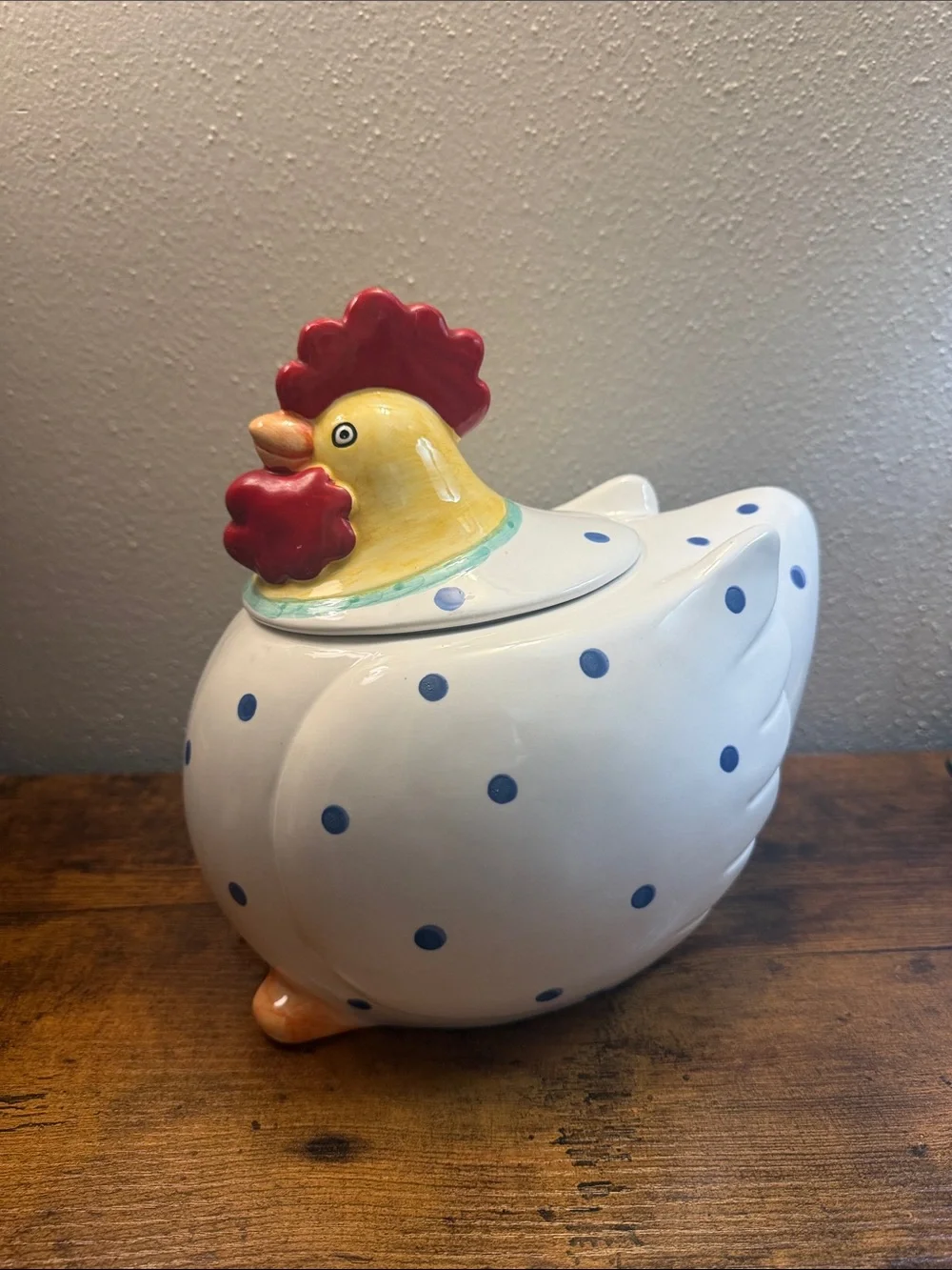 Coco Dowley Ceramic Chicken Cookie Jar Canister Blue Polka dots Kitchen Storage